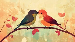 枝头双鸟亲昵图