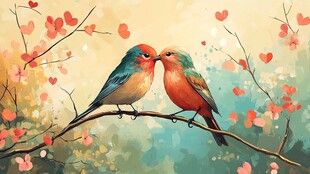 情侣鸟依偎于繁花枝头