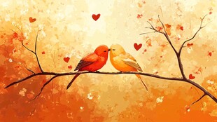 枝头双鸟亲昵爱意浓