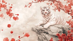 白虎倚石伴红梅图