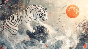 白虎踏浪迎红日