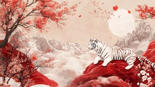 白虎栖于山水红梅间