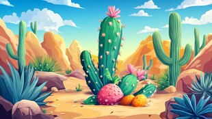 沙漠中的多彩仙人掌景观