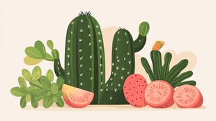 可爱仙人掌与蔬果插画