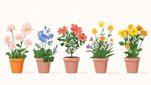 一排多彩盆栽花卉展示