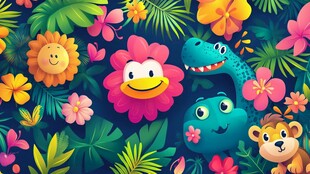 梦幻丛林中的可爱动物与花朵