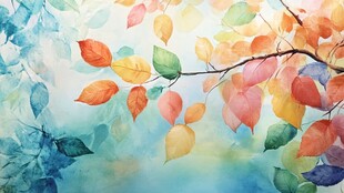 水彩绘就的多彩秋叶枝头