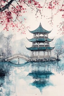 水墨江南亭桥春色图