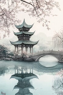 江南湖畔古亭春景图