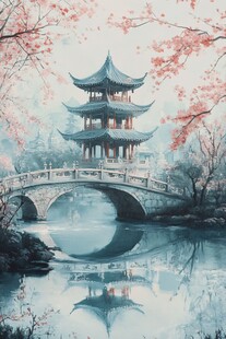 中式古风桥畔楼阁美景