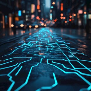 城市夜景中的科技感电路线条