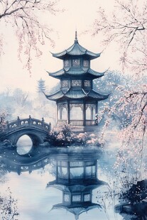 水墨江南 湖畔亭桥春景图