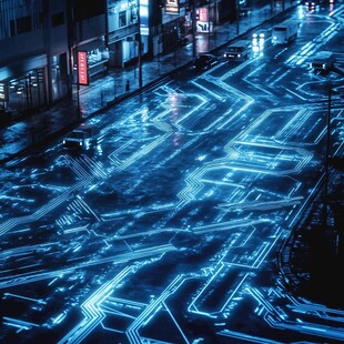 未来都市雨夜的科技感街道