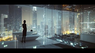 都市女性俯瞰璀璨城市夜景