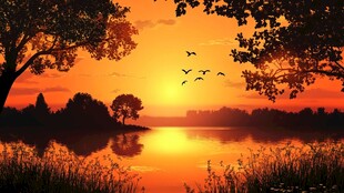 湖畔夕阳飞鸟美景如画