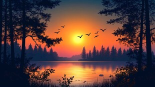 湖畔夕阳飞鸟森林美景