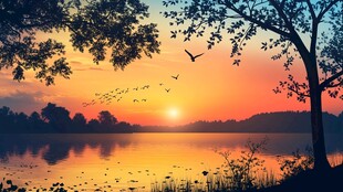 湖畔日落飞鸟静谧美景