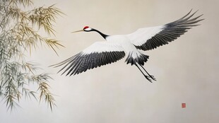 丹顶鹤展翅于竹旁