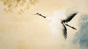 丹顶鹤展翅飞翔水墨图景