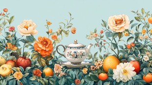 花卉环绕的精致茶壶场景