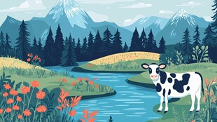 田园牧歌 溪边牛与山林美景