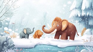 冬日冰原上的大象家族