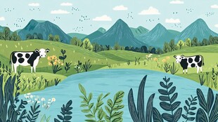 田园牧歌 湖畔牛群与青山