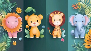 可爱动物与绿植装饰插画