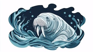 海象在蓝色波浪中悠游