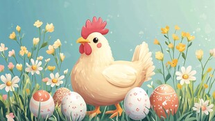 春日萌鸡与彩蛋的温馨场景