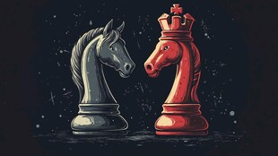 黑白红棋子对峙的奇幻场景