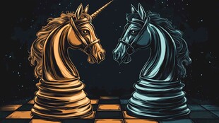 对弈的金色与蓝色独角兽棋子