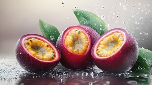 新鲜切开的百香果带水珠