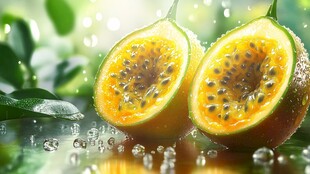 切开的百香果与晶莹水珠