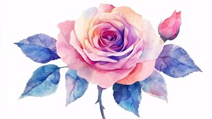 水彩绘粉紫玫瑰花朵图