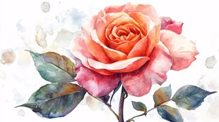 水彩绘娇艳橙粉玫瑰花