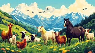 田园牧场景色中的动物们