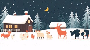 雪夜农舍旁的动物们