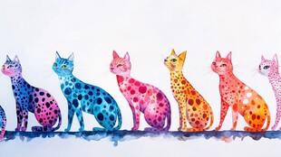 彩色斑点猫排成一排