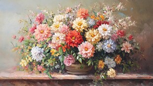 多彩花卉静物油画作品