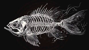 鱼骨架的艺术黑白插画