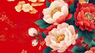 国色牡丹喜庆红背景图