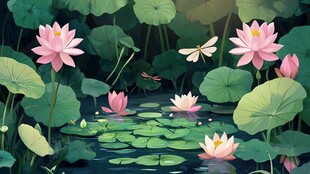 夏日荷塘蜻蜓伴荷花景