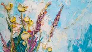 蓝色背景下的多彩花卉油画