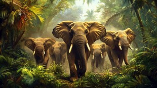 大象在热带雨林中行进