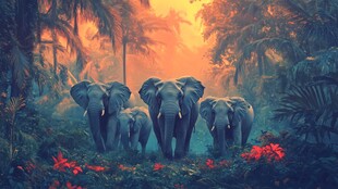 夕阳下漫步的象群