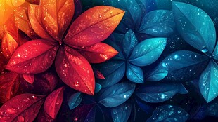 多彩带露叶片梦幻插画