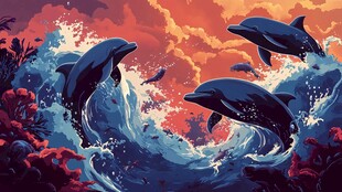 夕阳下海豚跃出绚丽海浪