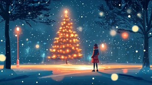 女孩雪中独赏璀璨圣诞树