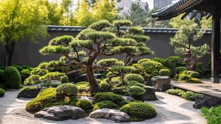 中式庭院景观中的盆景松树